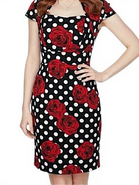 Grace Karin Floral Polka Dot Sheath Dress Size 2 Retro Rockabilly Pinup Rose